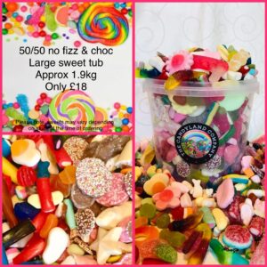 50/50 non fizzy and chocolate sweet mix large tub (approx 1.9kg)