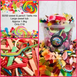 50/50 sweets and pencils / belts mix large tub (approx 1.9kg)