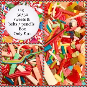 1kg 50/50 mix of sweets and pencils/ belts